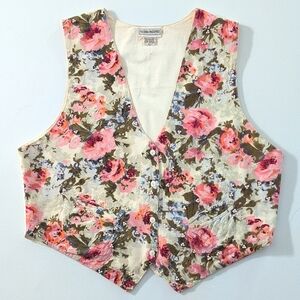 Vintage 80s cotton blend floral, beaded tie-back vest. Fashion Passport. Large.